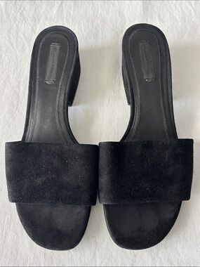 Alexander Wang Lou Black Suede Slide Mules with Short Unique Block Heel
